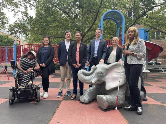 Council Member Erik Bottcher (third from right) announced funding for a new Penn South Playground with fellow politicians and disability advocates on Tuesday. Photo: Abigail Gruskin