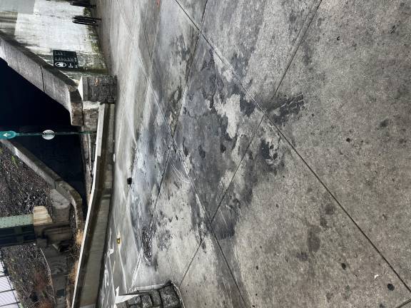 Burns marks are still visible at the scene of the wreck in which a person fleeing police crashed and the stolen car burst into flames on Dyckman Street in the Inwood section of Manhattan.