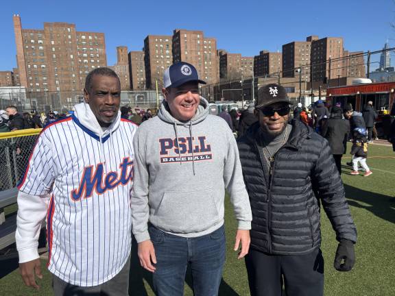 NY Mets legends Dwight “Doc” Gooden (left) and outfielder Endy Chavez (right) join Peter Stuyvesant Little League President Nick McKeon at the opening day parade on March 28. Though often associated with nearby Stuyvesant Town, the league boundary now stretches from E. 12th Street to the Upper East Side.