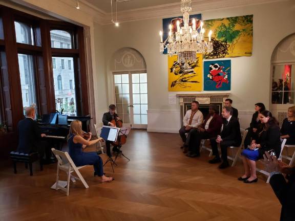 A mini-concert at the Ukrainian Institute of America for Secretary of State Antony Blinken and guests, including the Ukrainian Ambassador to the U.S., Oksana Markarova (right) and the U.S. Ambassador to the United Nations, Linda Thomas-Greenfield (second from left). Photo: Jasper Santa Ana