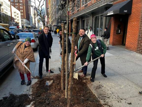 From left to right: Cat Lafferty, of the West 47th &amp; 48th Street Block Association; Bottcher; NYC Parks Assistant Commissioner of Forestry and Horticulture Ben Osborne; Perez; and Wolff. Photo courtesy of Erik Bottcher’s office
