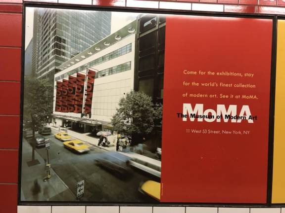 The Museum of Modern Art, as portrayed on the wall panels of the MTA'sArt Stop at the Fifth Avenue / 53rd Street station. It hasn't looked this small, modest or quaint since 1984, and none of its massive recent expansions are reflected here.