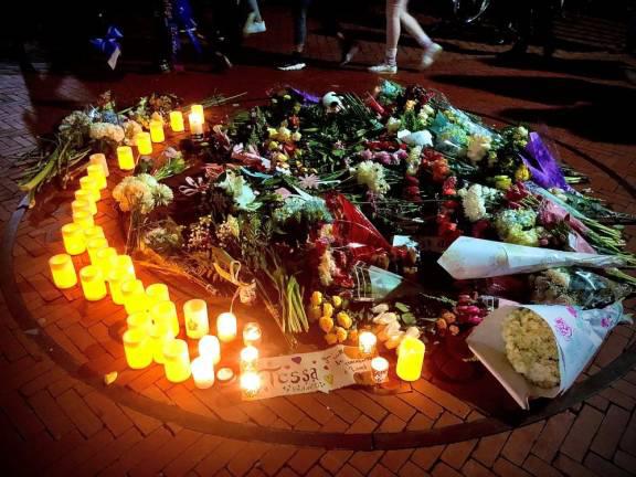 A makeshift memorial at Barnard after Tessa Majors was stabbed to death in Morningside Park.