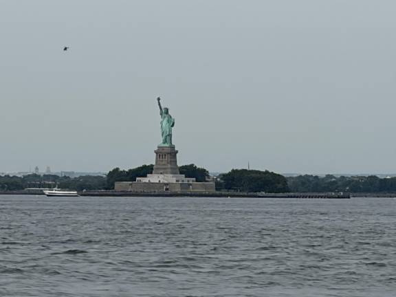A boat that capsized in the New York Harbor near Liberty Island on Aug. 8 killed a mother and her baby. Here, Liberty Island is seen from Valentino Pier, Red Hook, Brooklyn, on the morning of Aug. 10.