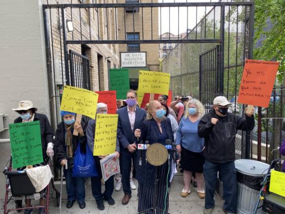 Manhattan Borough President Gale Brewer rallies with older New Yorkers last month to push city to reopen senior centers. Photo courtesy of Brewer’s office
