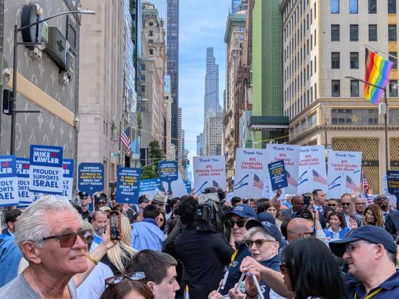 Israel Day Parade May 31, 2026, including literal signs of support from Kathy Hochul, Letitia James, Mark Levine, Julie Menin, Tom DiNapoli, Mike Lawler.