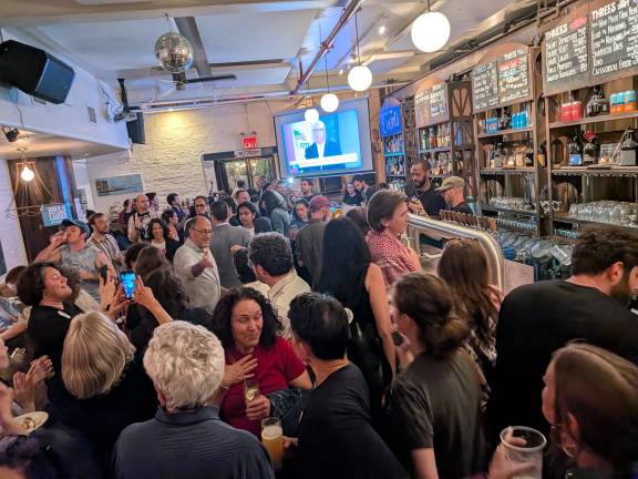 Brad Lander watch party at Threes Brewing in Brooklyn, reporter Errol Louis on the television.
