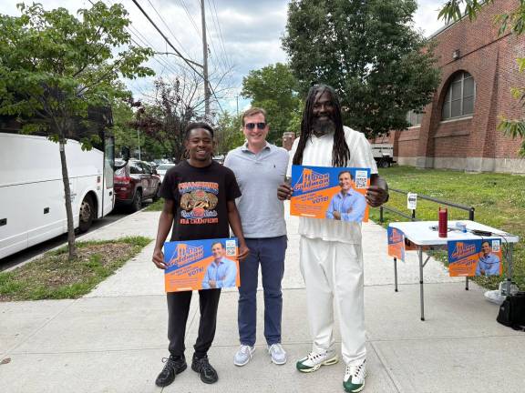 Dan Goldman with campaign workers outside the Red Hook Recreation Center in Brooklyn.