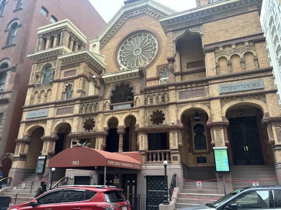 Under a new law being proposed by Gov. Hochul, demonstrators outside houses of worship would have to stay at least 25 feet back from the property line of the building such as the Park East Synagogue (above) on E. 67th St. It was the scene of a raucous anti-Israel, pro-Hamas demonstration in November.