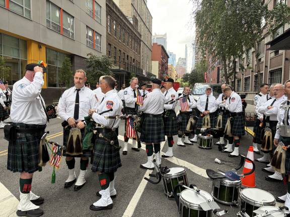 FDNY Emerald Society pipes and drums at Aaron Clark plaque memorial.