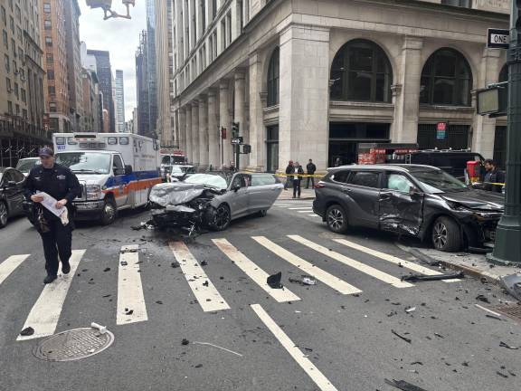 Both the stolen Kia (left) and a ride share Toyota Highlander suffered extensive damage in the crash on March 5. The driver and the passenger in the ride share suffered minor injuries. The alleged car thief tried to make a getaway on foot but was nabbed by cops about a block away.
