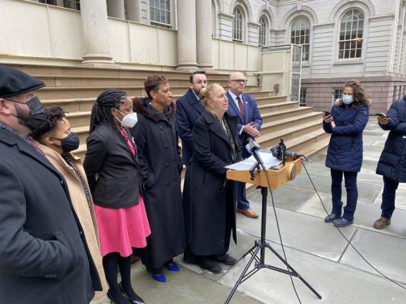 Coucil Member Gale Brewer (at podium) after being named chair of the City Council’s Oversight and Investigations Committee. Photo: Gale A. Brewer on Twitter