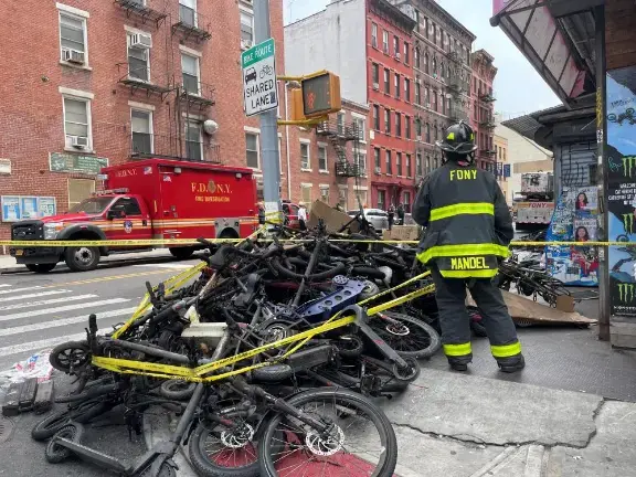 In an e-bike fire in June, 2023, four people were killed and two others hospitalized after fire erupted in an e-bike shop in Chinatown. The year was the deadliest on record for fatalities caused by lithium ion batteries. Here are the charred remains the day after the fire.
