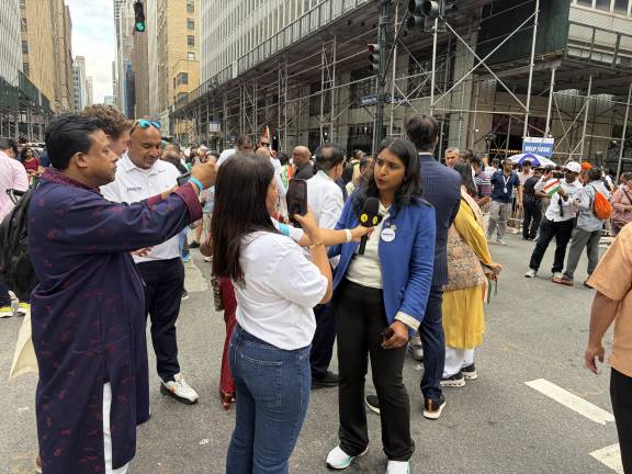India Day Parade thrills many thousands along Madison Avenue, including New York State Attorney General candidate Saritha Komatireddy (being interviewed).