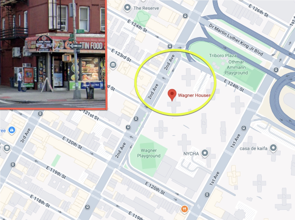 Second Avenue and East 123rd Street, opposite Wagner Houses, NYCHA, in East Harlem.