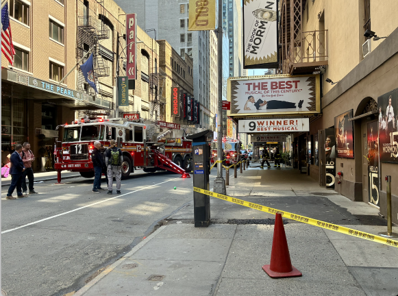 FDNY on the scene at 230 West 49th Street where an electrical fire sparked a conflagration at the historic Eugene O’Neill Theater, the longtime home the “The Book of Mormon.”