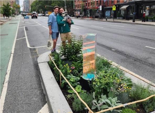 A tiny sliver of a garden on Tenth Ave. and 24th Street is being cultivated by Chelsea residents Alex Chapman and Pete Fehn. A neighbor helped design the iridescent quadrangle that glows at night.