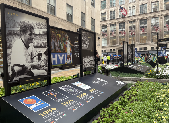Rockefeller Center’s Channel Gardens transformed into Champions’ Gardens, celebrating the eight nations that have ever won the World Cup.