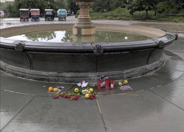 Romanch Mahajan memorial at Bethesda Fountain, horse carriages lined up behind.