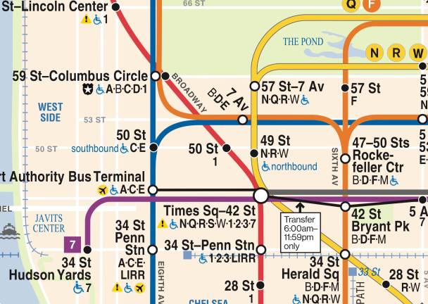 While the modern subway map emerged in the 1970s, it was tweaked from time to time. Here, a 1998 revision still had only five strips showing 11 different subway lines. The three lines coming down Broadway, the #1, 2 and 3 lines, are all merged into one red strip. The new version uses three lines to illustrate the same route.