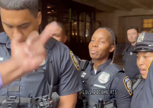 Police stand by while protesters scream.