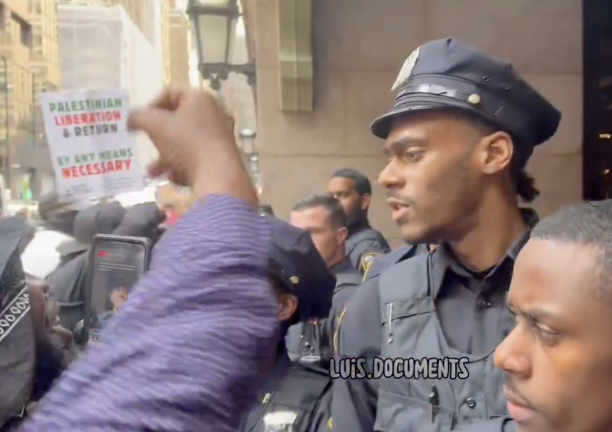 The agitation before the storm; the sign-holding man in purple will soon be in the arms of the cops he is taunting.