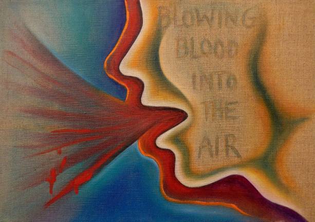 Chicago&#x2019;s &#x201c;Malehead 10/Blowing Blood Into the Air&#x201d; from 1983. Sprayed acrylic and oil on canvas, 10 x 14 x 1.5 inches. Photo: Adel Gorgy