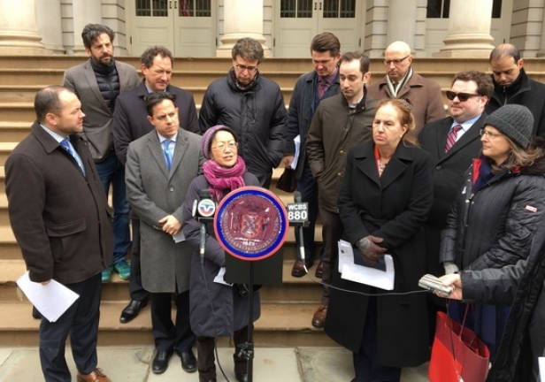 Manhattan Borough President Gale Brewer (front, second from right) with council members in February at a rally supporting bills to exempt affordable grocers from the commercial rent tax. Photo: Madeleine Thompson