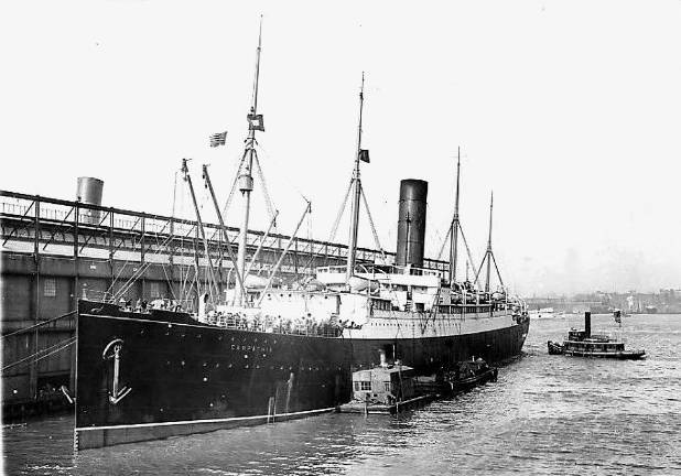 The Carpathia is seen docked at Pier 54 in 1912 after having dropped off the survivors of the Titanic.