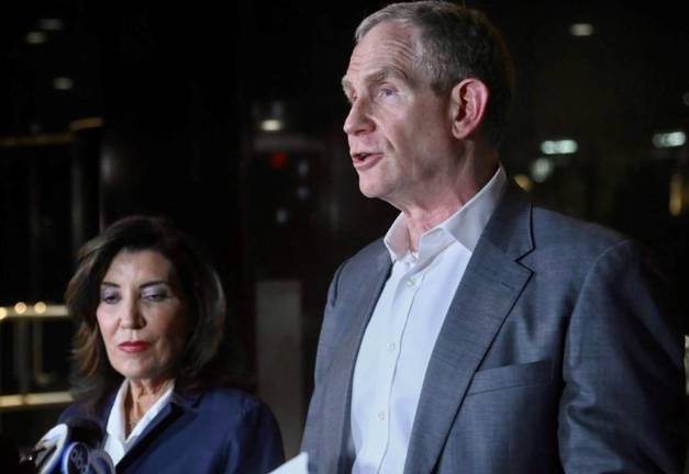 Gov. Kathy Hochul (left) and MTA Chair &amp; CEO Janno Lieber at MTA Headquarters on the evening of May 18, where they announced a tentative labor deal with five Long Island Rail Road unions which had been on strike for two days. The strike officially ended at midnight that night.