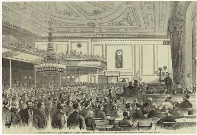 Delegates to the state Constitutional Convention convened in the state Capitol in Albany in 1867 for a speech by William Wheeler, a future U.S. vice president, who argued that the concept of racial equality should be incorporated into the Constitution. Engraving: Stanley Fox, via New York Public Library collection