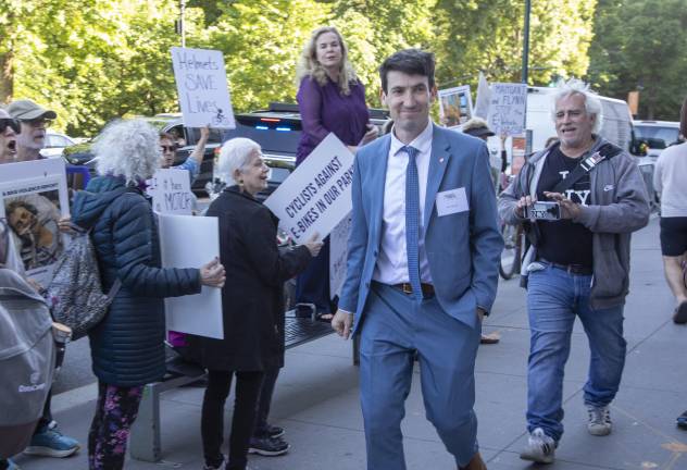 Ben Furnas, executive director of Transportation Alternatives, arrives at the organization’s annual fundraiser at the New-York Historical Society on Monday.