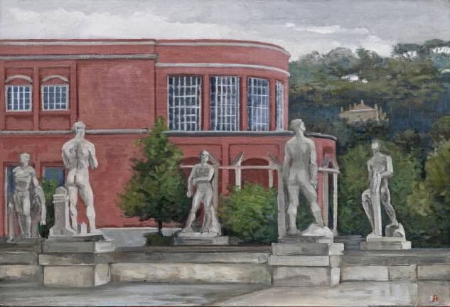 Rain at the Foro, Marble Athletes from Provinces of Brindisi, Napoli, Aosta, Livorno, &amp; Bergamo. Oil on linen over panel, 9 7/8 x 14 1/8 inches