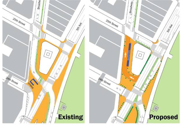 Pedestrians, cyclists, and drivers will share the road on the block of Broadway between 24th and 25th Streets, under a DOT plan recently approved by Community Board 5. Graphic: NYC DOT