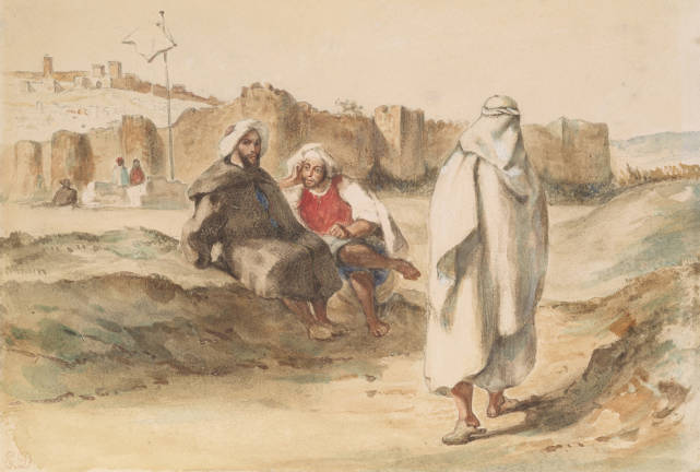 Euge`ne Delacroix (1798–1863), "Moroccans Outside the Walls of Tangier," watercolor and opaque white watercolor over graphite on wove paper, Thaw Collection, The Morgan Library &amp; Museum. Photo: Steven H. Crossot