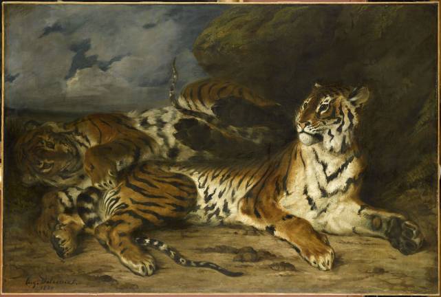 The size of this painting surprised visitors. It was as big as paintings of historical subjects. One critic wrote, “This unusual artist has never painted a man who looks like a man in the way his tiger looks like a tiger.” Eugène Delacroix, (French, 1798–1863). “Young Tiger Playing with Its Mother,”1830. Oil on canvas. 130 x 195 cm. Musée du Louvre, Paris. © RMN-Grand Palais (Musée du Louvre) / Franck Raux