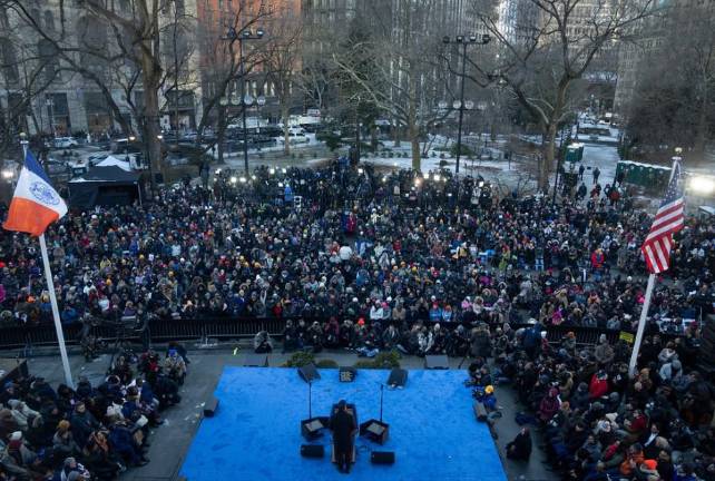 Thousands braved the subfreezing cold on lower Broadway to watch the public swearing in ceremony of Mayor Zohran Mamdani at City Hall that began at 1 p.m. on New Year’s Day.