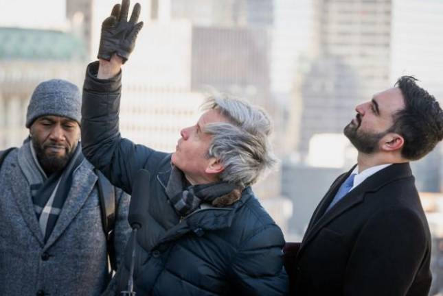 Look skyward! Atop the David N. Dinkins building, from left: Public Advocate Jumaane Williams, Manhattan Borough President Brad Hoylman-Sigal, and Mayor Zohran Mamdani.