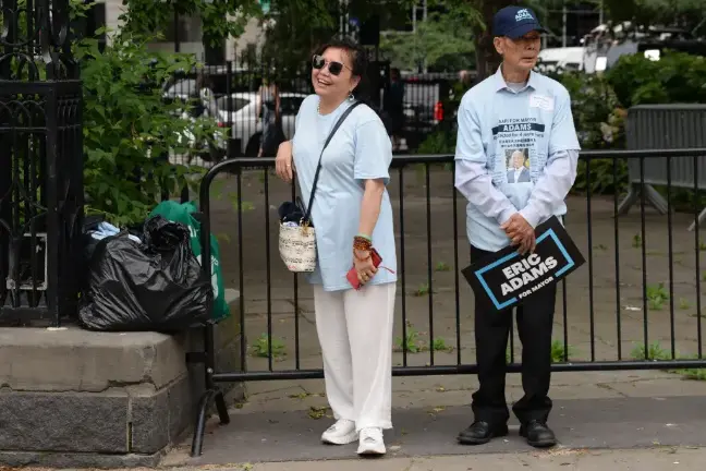 Longtime Eric Adams aide Winnie Greco watches his campaign rally at City Hall from the sidelines, June 26, 2025.