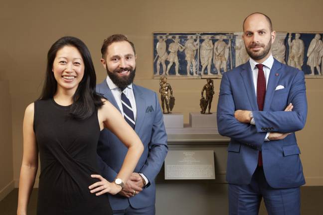Aimee Ng, Curator; Alexander J. Noelle, Anne L. Poulet Curatorial Fellow; and Xavier F. Salomon, Peter Jay Sharp Chief Curator, in the exhibition galleries of Bertoldo di Giovanni: The Renaissance of Sculpture in Medici Florence.