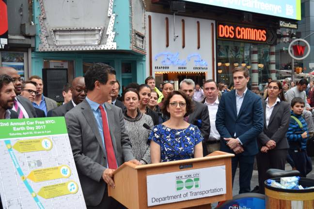 City Council Member Ydonis Rodriguez (left) and DOT Commissioner Polly Trottenberg announce plans to close Broadway to vehicle traffic on Earth Day at a press conference in Times Square April 12. Photo: Michael Garofalo