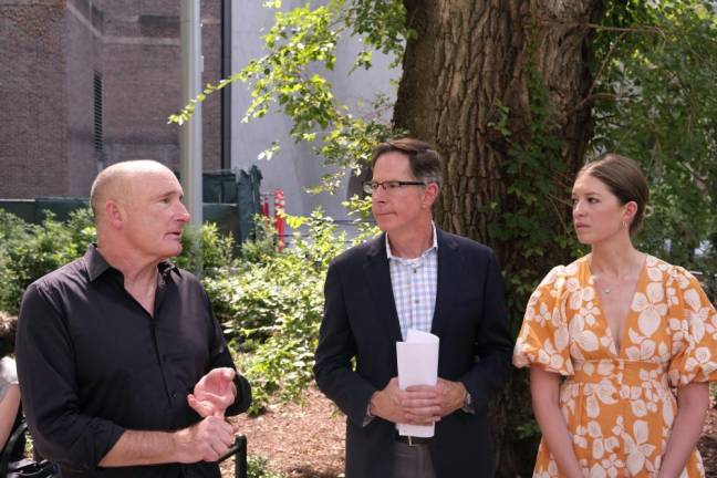 Doug Reed, principal of the project at Reed Hildebrand (left) John Grove, another principal in charge of the project at Reed Hildebrand (middle) speaking to press members about the park landscape changes on the tour on Thursday, July 13 at 200 Central Park W. on the UWS. Photo: Beau Matic.