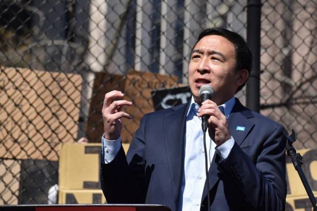 Andrew Yang, the mayoral hopeful, talked to the crowd in Columbus Park on March 20 about the difference that the Asian American vote made in Georgia. Photo: Leah Foreman