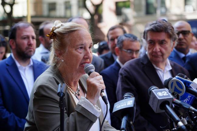 UWS Council Member Gale Brewer speaks at rally at July 24 rally, a day after Raul Morales was arrested and charged with stabbing two men near synagogues.