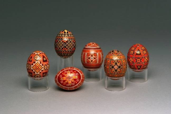 Geometric patterns adorn ornate Easter eggs, called pysanky, at the Ukrainian Museum's "Timeless Treasures” exhibit. Photo: Volodymyr Gritsyk, (c) The Ukrainian Museum,
