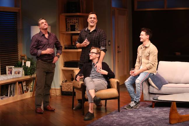 (From left) Lou Liberatore, Ryan Spahn, Matthew Montelongo and Leland Wheeler in “Daniel’s Husband,” now playing at the Westside Theatre. Photo: Carol Rosegg