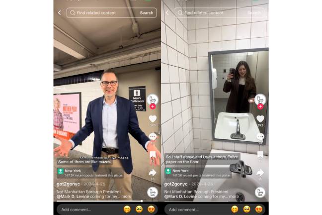 Borough President Mark Levine and got2gonyc founder Teddy Siegel (shown in mirror) review a subway bathroom.