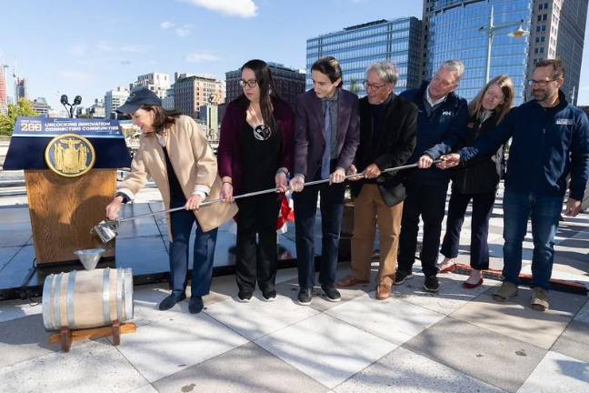 Celebrating on Pier 26 in Tribeca on Oct. 26, Gov. Kathy Hochul marked the 200th anniversary of the opening of the original Erie Canal with the arrival of the Buffalo Maritime Center’s Erie Canal replica of the Seneca Chief. The original made the journey in a week. The replica took a more promotional journey that lasted a month.
