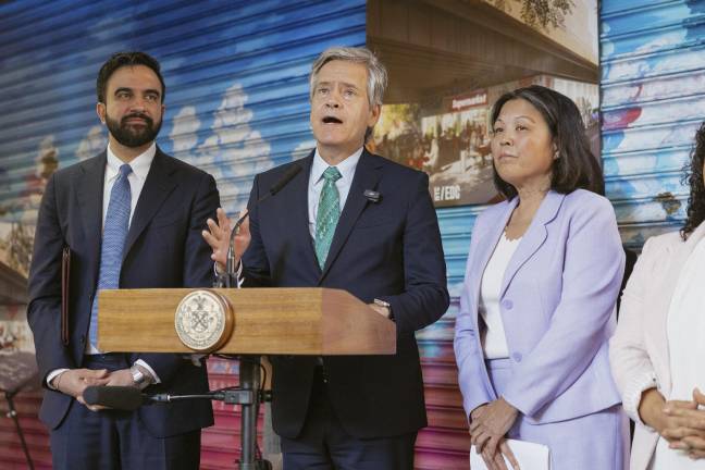 New York City Mayor Zohran Mamdani (left), Deputy Mayor Julie Su (right) and Manhattan Borough President Brad Hoylman-Sigal, announcing the first city-owned grocery store is expected to open in East Harlem.