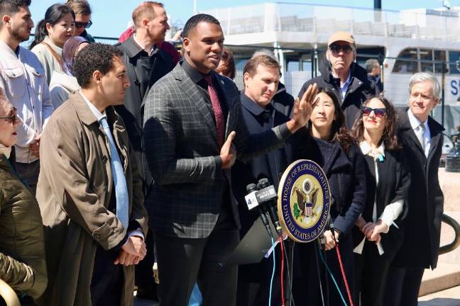 Battery Park Brouhaha ferry fence protest including (l to r) Chris Marte, Charles Fall, Dan Goldman, Grace Lee, Paula Recart, Brad Hoylman-Sigal.